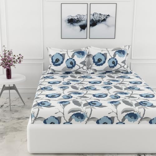 Image of LORETO - A QUALITY LINEN BRAND 210 TC 100% Pure Cotton Double /Queen Fitted Bedsheet with 2 Pillow Covers for 78 x 60 Inch Mattress, All-Around Elastic, 8 Inch Deep Pocket, Navy Floral