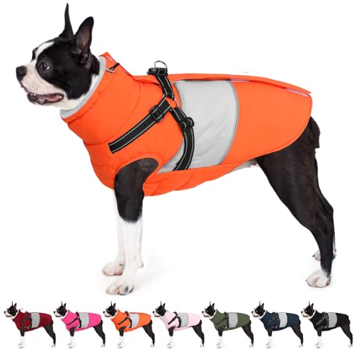 Image of AOFITEE Dog Coat, Waterproof Dog Jacket Winter, Dogs Coat with Harness Built in, Warm Dogs Puffer Jacket with Zipper, Reflective Pet Snowsuit Sweater for Dachshund, French Bulldog, Boston Terrier, M