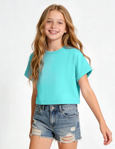 Image of Girls Crop Tops Short Sleeve T-Shirts for Girl Crew-Neck Basic Tee Size 7-14 Years