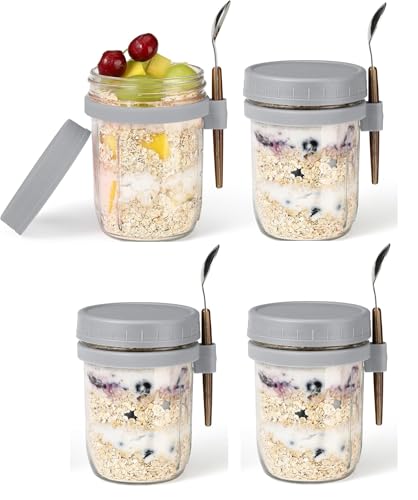 Image of PATZY 350 ml Oats Container With Lids And Spoon set of pc Glass Mason Jars For Overnight Oats Leak Proof Container with Measurment For Cereal Fruit Vegetable Milk Salad Yogurt (Multicolor) (4)