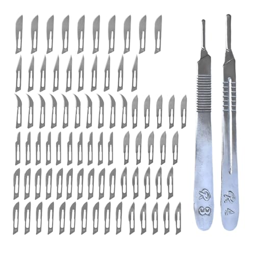82Pcs Scalpel Blade, Surgical Knife Handle Set, 2 Stainless Steel Surgical Knife Handles, with 80pcs Carbon Steel Surgical Knife Blades, Laboratory Biological Scalpel Practice Cutting