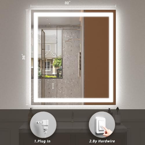 Image of 32x36 Lighted Mirror for Bathroom Wall, Smart Illuminated Vanity Mirror with Lights, Dimmable, Anti-Fog (Front Lights + Backlit)