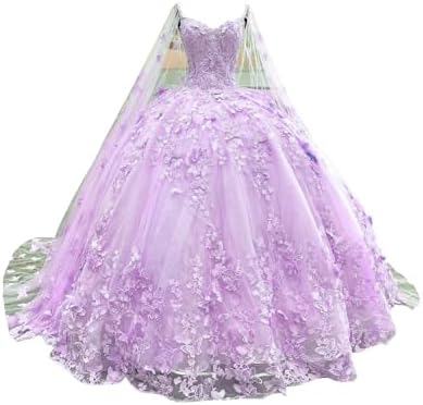 Modest 3D Floral Flowers Ball Gown Quinceanera Prom Dresses with Cape Corset 2025 Lace