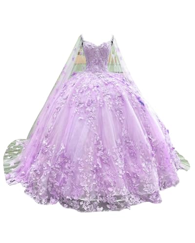 Modest 3D Floral Flowers Ball Gown Quinceanera Prom Dresses with Cape Corset 2025 Lace