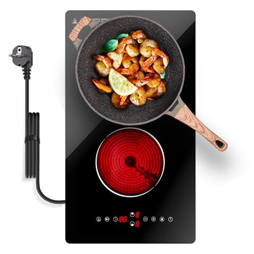 Gveyajo Placa Vitrocerámica 2 Fuegos 3000W, Doble Placa Eléctrica Táctil con 9 Niveles, Temporizador, Bloqueo Infantil, Compatible con Todos los Utensilios, Empotrable y Portátil, 220V