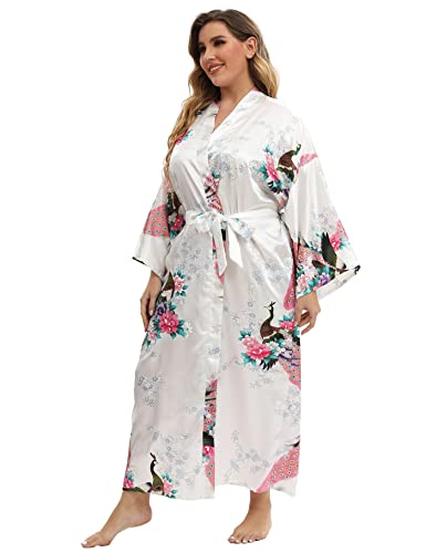 Image of Women's Floral Long Satin Robes Plus Size Long Silk Robes Peacock Floral Kimonos Sleepwear Dressing Gown