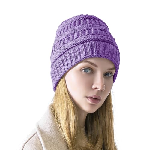 Women's Men's Knitted Beanie Hat Skull Thick Fleece Lined Winter Cap (Purple)