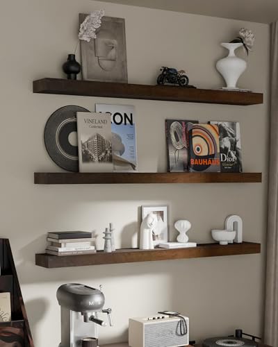 TEDIDUWA Floating Shelves for Wall, 60 Inch Extra Long Walnut Wall Shelves, Set of 3, Hanging Invisible Brackets Floating Shelves for Living Room,Bedroom,and Kitchen