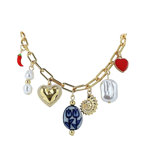 Freie Liebe Stainless Steel Necklace for Women Summer Beach Gold Plated Heart Pearl Conch Ceramic Pendant Choker