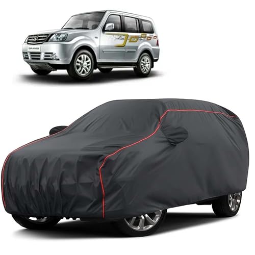 Image of Sulfar 100% Water Resistant Car Body Cover Compatible with Mirror for Tata Sumo Grande MK II (Triple Stitched, Full Bottom Elastic, Dark Grey Taffeta with Red Piping)
