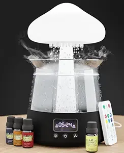 Rain Mushroom Humidifier Water Drip - With Clock and Alarm - Cloud Diffuser with Rain Mushroom Humidifier Water Drip - Black