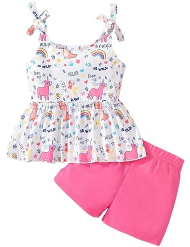 Image of Toddler Girls Clothes Summer Short Set Outfit Tie Knot Shoulder Sleeveless Ruffle Tops and Shorts 2PC Clothing Set