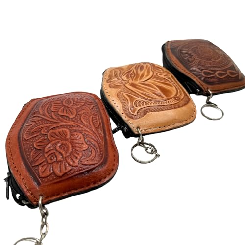 Mexican Leather Coin Pouch with Aztec designs in Assorted Colors 1pc | Monedero Mexicano de Piel con figuras Aztecas - MexART, Beige2