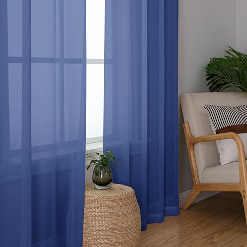 Image of Chyhomenyc Royal Blue Sheer Curtains, 84 Inch Long 2 Panel Set, Rod Pocket Voile Drapes for Living Room, Bedroom - 2PCS, Each 42 W x 84 L