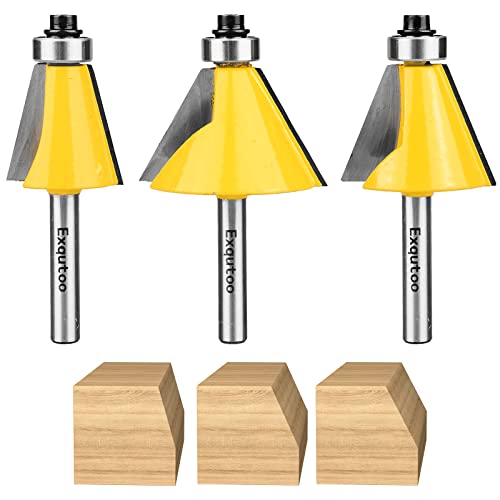 Image of Exqutoo 3-Piece 1 /4 inch ShankChamfer Cutter Set, Cutting Angles: 15 22.5 | 30 Degrees, 1 inch Cutting Length Includes 3 Pack.