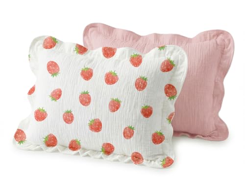 Image of Toddler Pillowcases for 13 inchx18 inch Pillow 2 Pack, Muslin Small Toddler Baby Kids Travel Pillow Covers for Boys Girls with Envelope Closure (Blush Berry-Ruffled, 13 x 18 Inch)