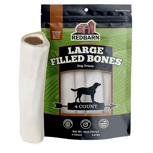 Redbarn Pet Products Large Filled Dog Bones, Peanut Butter Flavor - Long Lasting Stuffed Femur Chew Treat Made in USA - 4 Count - Packaging May Vary