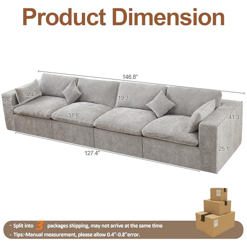 Image of 146''Cloud Boneless Sectional Couch, Modular Sectional Sofa Deep Seat, Oversized Upholstered Convertible Comfy 4 Seater Chenille Memory Foam Sofa Couches for Living Room, Light Grey