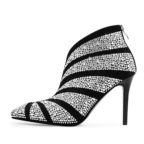 Women's Rhinestone Pointed Toe Stiletto High Heel Ankle Boots Suede Dress Booties2