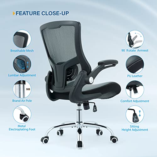 Office Chair - Pu Cushion Ergonomic Desk Chair With Adjustable Lumbar Support & Height Swivel Executive Conference Chair With Flip-Up Arms Mesh Back Home Office Desk Chairs Computer Task Chair #TOP5