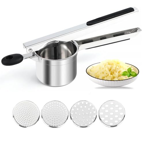 KAYCROWN Potato Ricer With 4 Discs, Heavy Duty Stainless Steel Potato Masher and Ricer for Mashed Potatoes Tool, Spaetzle Maker Lemon Squeezer