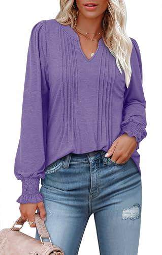 BETTE BOUTIK Long Sleeve Shirts for Women Fall Tops Dressy Blouses Pleated V Neck Tunic Tops for Leggings S-3XL