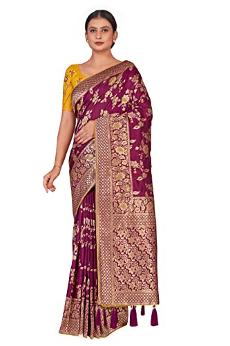 Monjolika Fashion Women's Banarasi Silk Blend Zari Woven With Saree and Unstitched Blouse Piece (37769 color) (Dark Magenta)