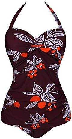 Angerella Burgundy Vintage One Piece Swimsuits for Women Halter Push Up Swimwear, M