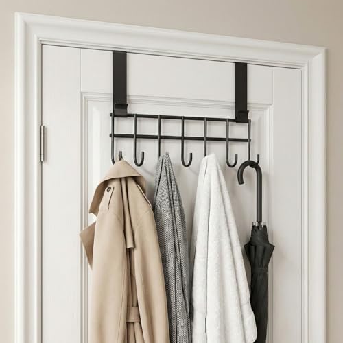 Image of Zureni Over The Door Hook Hanger Removable No Drill Heavy Duty Organizer for Hanging Towel Clothes Coat (Pack of 1, 7 Hooks, Black)