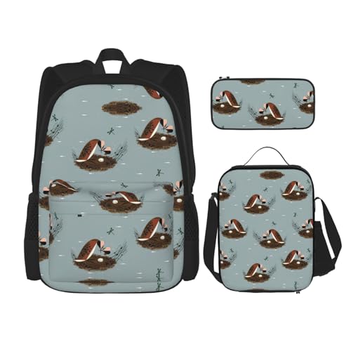 Bird Dragonfly Pattern Print 3 Piece Set Backpack, Lunch Bag, Pencil Case, Cute Sturdy For College And Travel