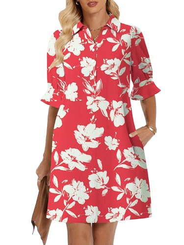 Image of FENSACE Womens Casual Shirt Dress Ruffle Sleeve Button Down Shift Summer Dresses with Pockets