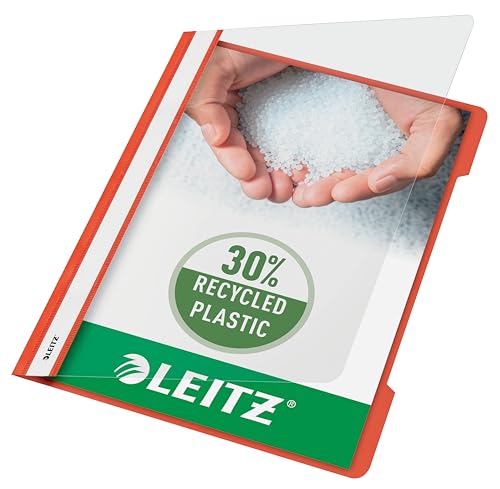 Leitz A4 Standard Schnellhefter, 25er Pack, 30% Pre-Consumer Recycling-Kunststoff, Hefter für A4-Blätter, 60 Blatt Kapazität, Ideal als Dokumententasche für Schule oder Büro, Hellrot, 41910020
