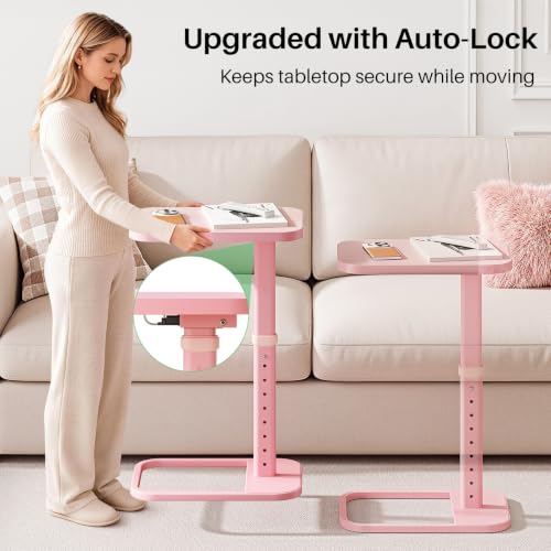 Image of Kitstorack Upgraded TV Tray Table with Panel Lock, 90 Flip-Over Design & Adjustable Height, Sofa Arm Side Table for Eating, Laptop, Couch, Bed, or Small Spaces, Pink