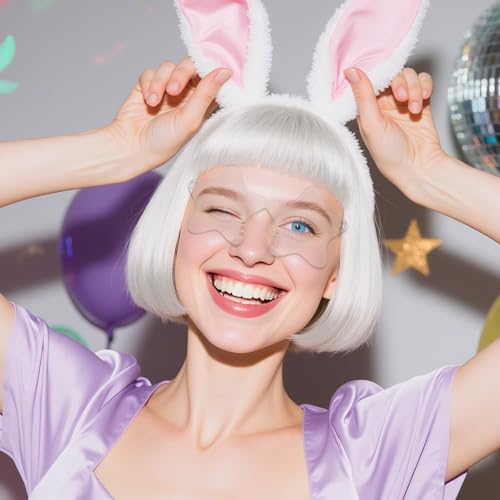 Image of ANOGOL White Bob Wig with Bangs Short White Wigs for Women Funny Costume | Hair Cap+ Sunglasses Short Neon Wig for Bachelorette Party Funny Wigs for Women Halloween Costume Night Club Crazy Hair Day