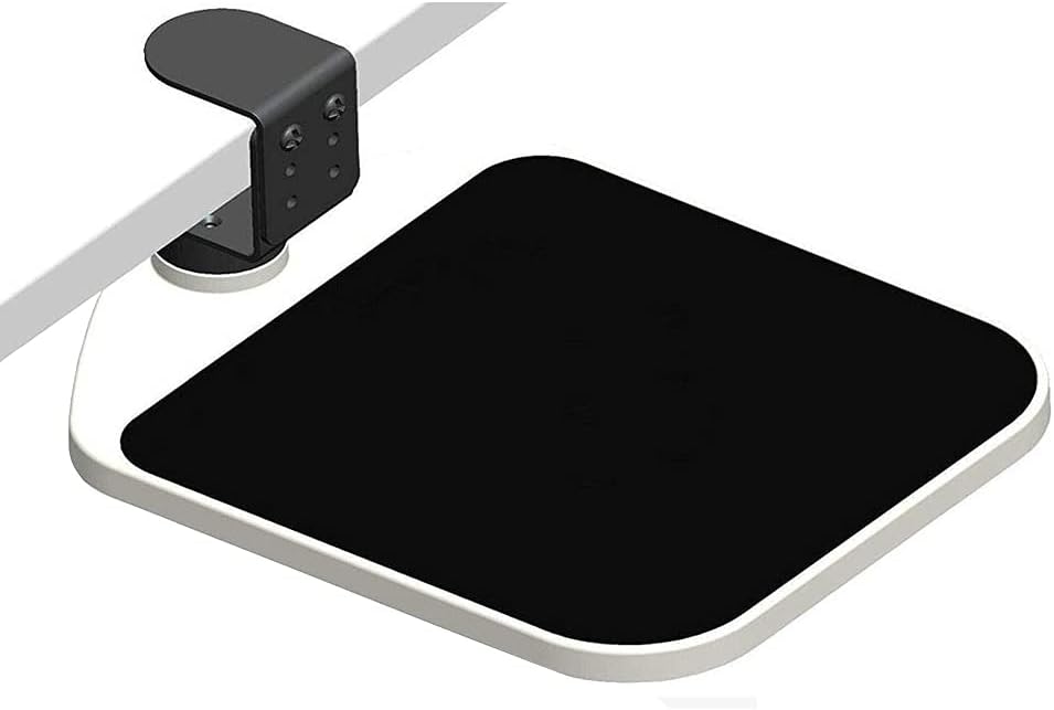 FUZADEL Mouse Platform Clamp On Under Desk Adjustable Mouse Tray Mount Swivel Desktop Shelf Wrist Rest Rotating 360 Degree