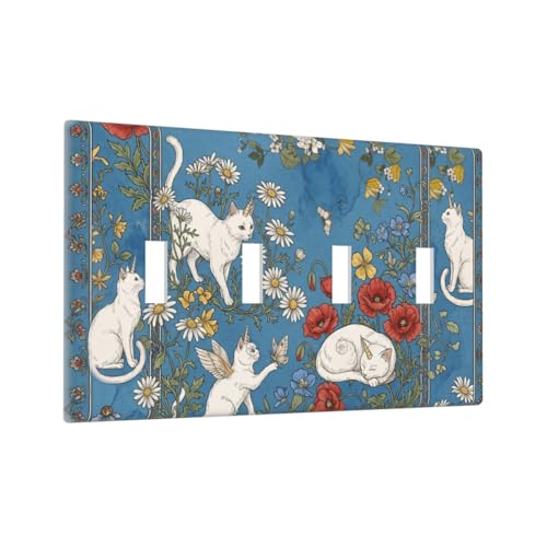 Placa de interruptor de 4 bandas con diseño de gato blanco y margaritas sobre fondo azul 3