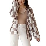 Giraropa Women Checkered Cardigan 2024 Long Sleeve Open Front Loose Knit Sweater Oversized Lightweight Cardigans Outwear(Light Brown,Small)