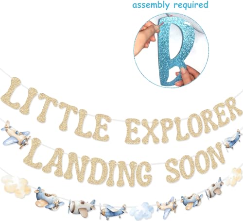 Image of Little Explorer Landing Soon Banner Airplane Garland for Blue Airplane Baby Shower Adventure Awaits Baby Shower Decorations
