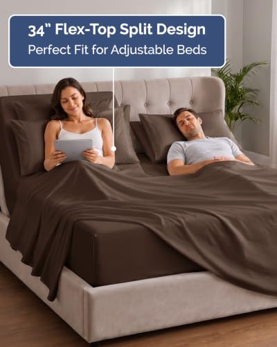 Image of CGK Unlimited Extra Deep Flex Top Split Head King Sheet Set - 6 Piece Breathable and Cooling Sheets - Hotel Luxury Bedding for Women, Men, Kids & Teens - Easy Secure Fit - Extra Deep Pockets - Brown