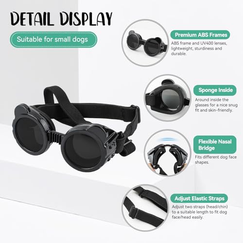 Dog Goggles for Small Dogs, Cute Cat Sunglasses, Anti-UV Windproof Dustproof Anti-Fog Pet Goggles with Adjustable Strap for Puppy Kitten Small Breeds, Black - Image 3