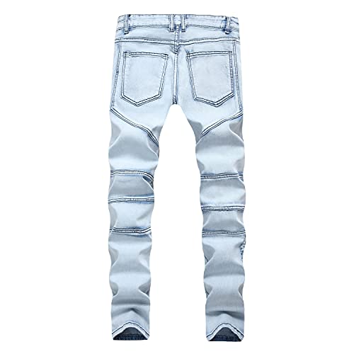 Men's Stylish Ripped Pocket Denim Pants Straight Fit Skinny Slim Stretchy Jeans Classic Vintage Biker Jean Trousers (Light Blue,34)2