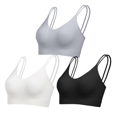 Comfyin Bralettes sem enchimento para mulher com suporte, sem costuras, decote em V, sutiãs desportivos sem aros, roupa interior canelada, Preto, cinza e branco, S