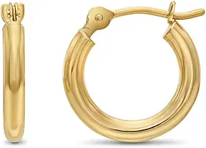 14k Yellow Gold Classic Shiny Polished Round Hoop Earrings, 2mm Tube
