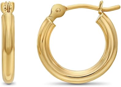 14k Yellow Gold Classic Shiny Polished Round Hoop Earrings, 2mm tube