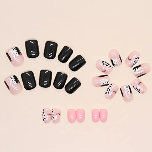 24 Pcs Short Square Fake Nails Solid Color Press On Nails With Black White Speckle Eyelash Designs Glossy Stick On Nails Full Cover False Nails Short Artificial Acrylic Nails For Women Girls #TOP2