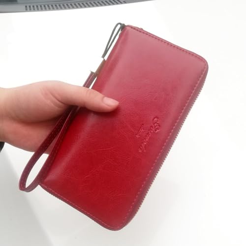 Womens Wallet Genuine Leather RFID Blocking Wristlet Long Purse, Large Capacity Clutch Zip Card Holder, Birthday Gift for Mom Wife Ladies (Wine Red)4