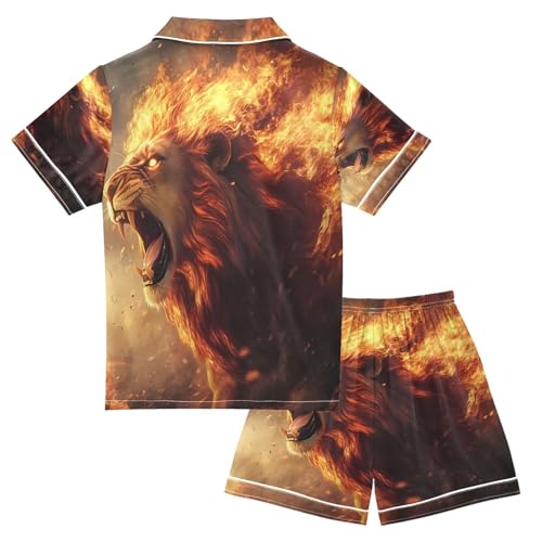 ALAZA Lion Flame Fire Animal Satin Pajamas Set Short Sleeve Button Down Sleepwear Summer Pjs 2 Piece2