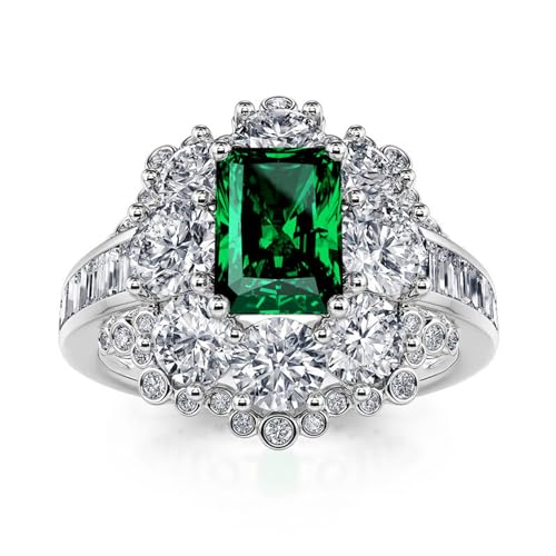 Jeulia Vintage 1.5CT 925 Silver Emerald Gems Ring for Women, Cubic Zirconia Eternity Engagement Wedding Band Ring Diamond Bridal Jewelry Set with Gift Box