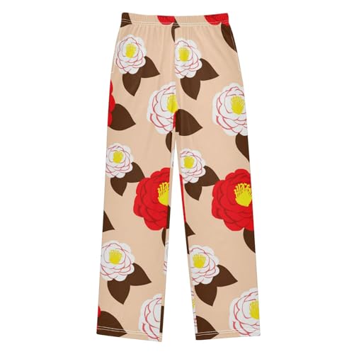 J JOYSAY Camellia Flower Leaves Beige Pajamas Pants Soft Long Pajama Bottoms Lounge Sleep Pants Size S-XL