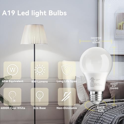 Image of TJOY 24 Pack A19 LED Light Bulbs, 60 Watt Equivalent, Efficient 9W, Cool White 4000K, E26 Standard Base, Neutral White Light Bulb, Non Dimmable Energy Saving for Home, 800LM, 120V, 80 CRI, UL Listed